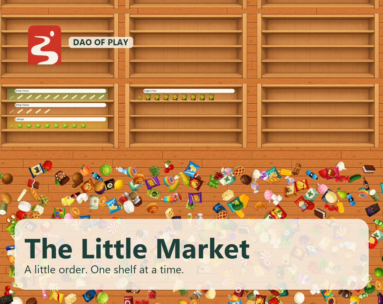 The Little Market cover: scattered groceries below wooden shelves