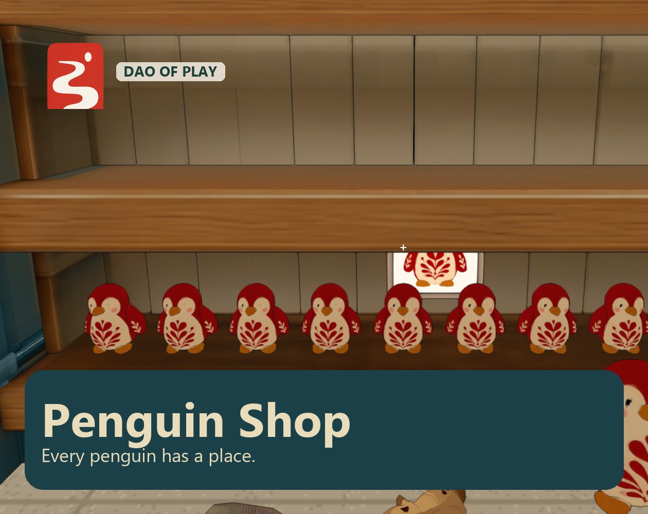 Penguin Shop cover: a row of folk penguin toys on a shelf